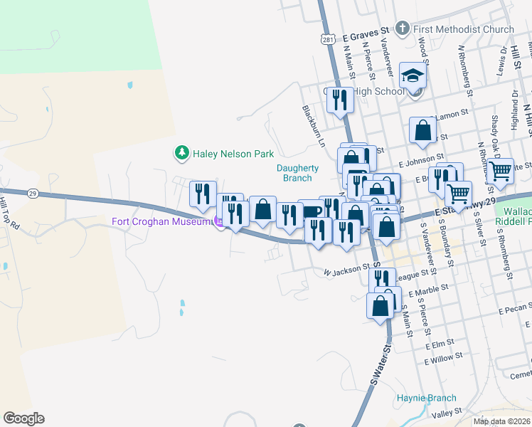 map of restaurants, bars, coffee shops, grocery stores, and more near 603 Hamilton Creek Drive in Burnet
