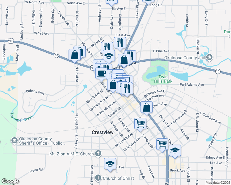 map of restaurants, bars, coffee shops, grocery stores, and more near 193 Oakdale Avenue West in Crestview