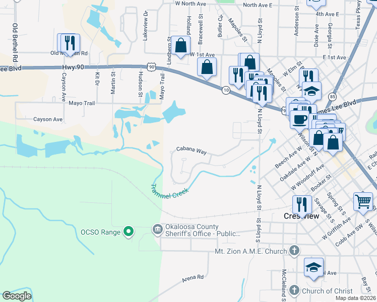 map of restaurants, bars, coffee shops, grocery stores, and more near 133 Cabana Way in Crestview