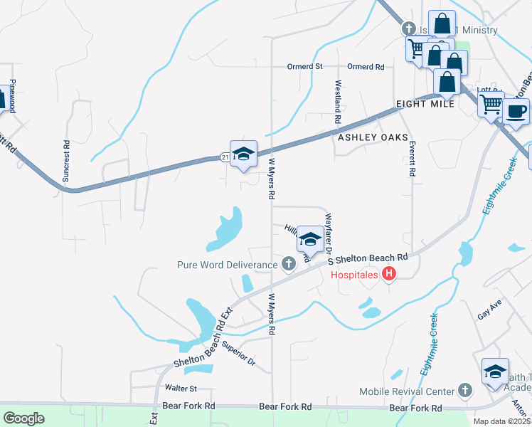 map of restaurants, bars, coffee shops, grocery stores, and more near 4605 West Myers Road in Prichard