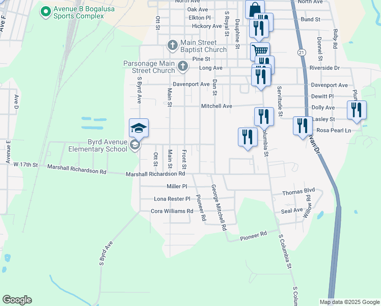 map of restaurants, bars, coffee shops, grocery stores, and more near 1608 Front Street in Bogalusa