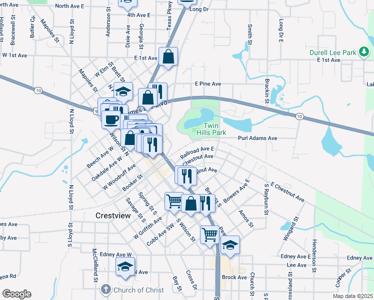map of restaurants, bars, coffee shops, grocery stores, and more near 327 Railroad Avenue East in Crestview