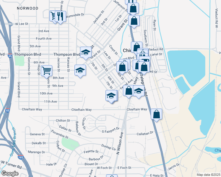 map of restaurants, bars, coffee shops, grocery stores, and more near 323 7th Street in Chickasaw