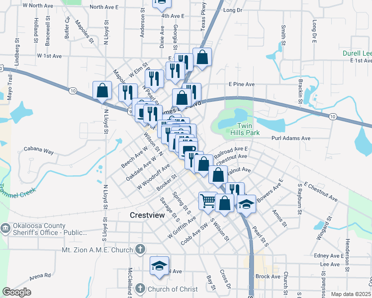 map of restaurants, bars, coffee shops, grocery stores, and more near 148b Woodruff Avenue East in Crestview