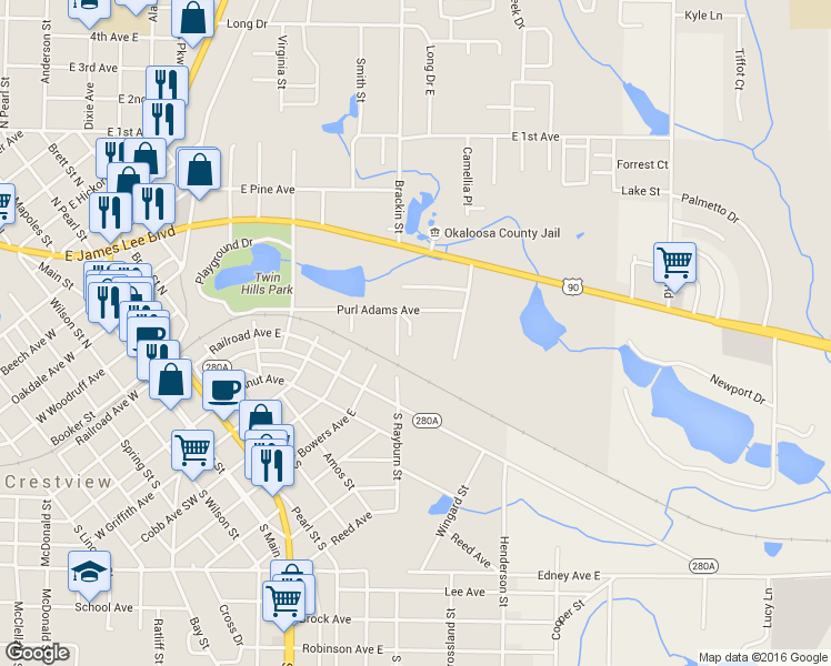 map of restaurants, bars, coffee shops, grocery stores, and more near 103 Fairoaks Dr in Crestview