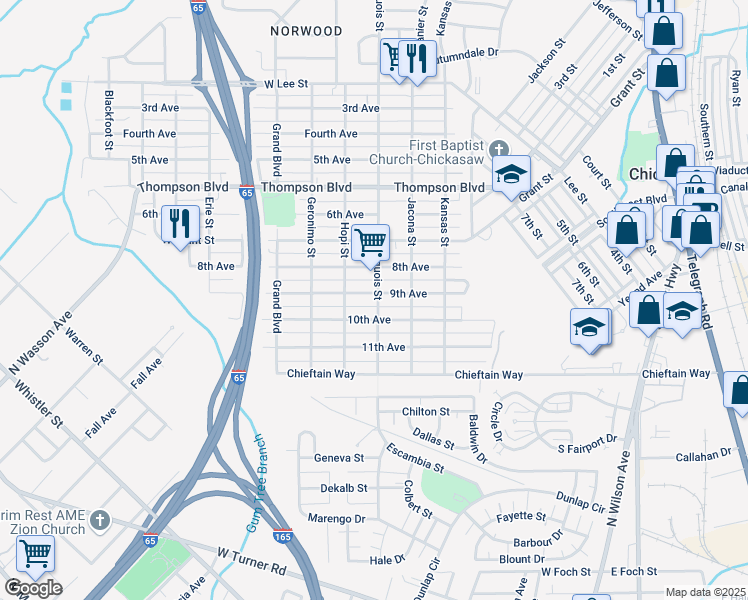 map of restaurants, bars, coffee shops, grocery stores, and more near 201 9th Avenue in Chickasaw