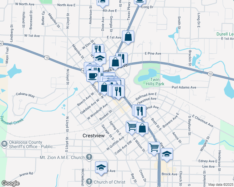 map of restaurants, bars, coffee shops, grocery stores, and more near 148b Woodruff Avenue East in Crestview