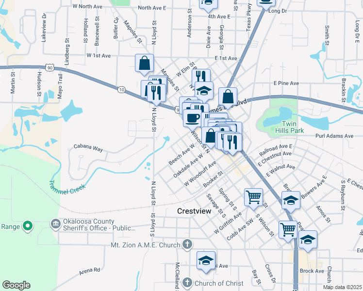 map of restaurants, bars, coffee shops, grocery stores, and more near 452 North Spring Street in Crestview
