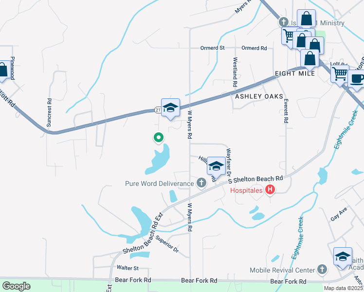 map of restaurants, bars, coffee shops, grocery stores, and more near 4605 West Myers Road in Prichard
