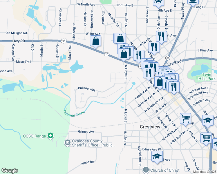 map of restaurants, bars, coffee shops, grocery stores, and more near 106 Cabana Way in Crestview