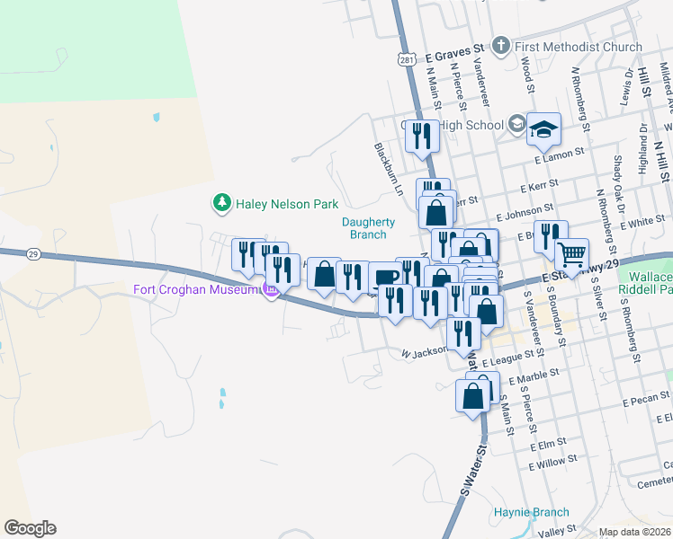 map of restaurants, bars, coffee shops, grocery stores, and more near 603 Hamilton Creek Drive in Burnet