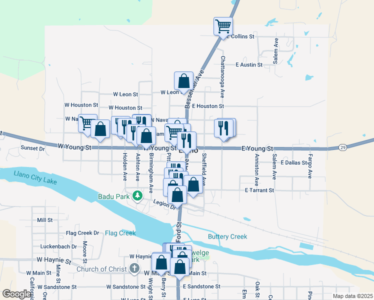 map of restaurants, bars, coffee shops, grocery stores, and more near Texas 16 in Llano
