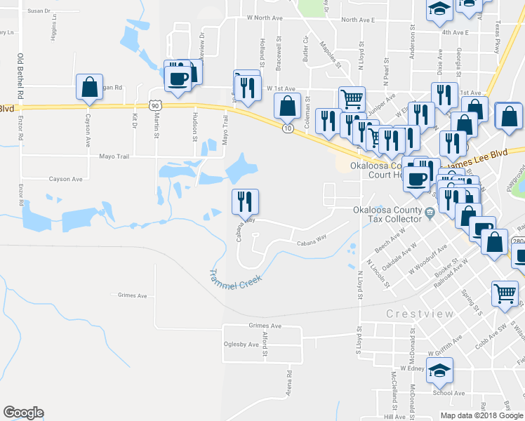 map of restaurants, bars, coffee shops, grocery stores, and more near 137 Cabana Way in Crestview