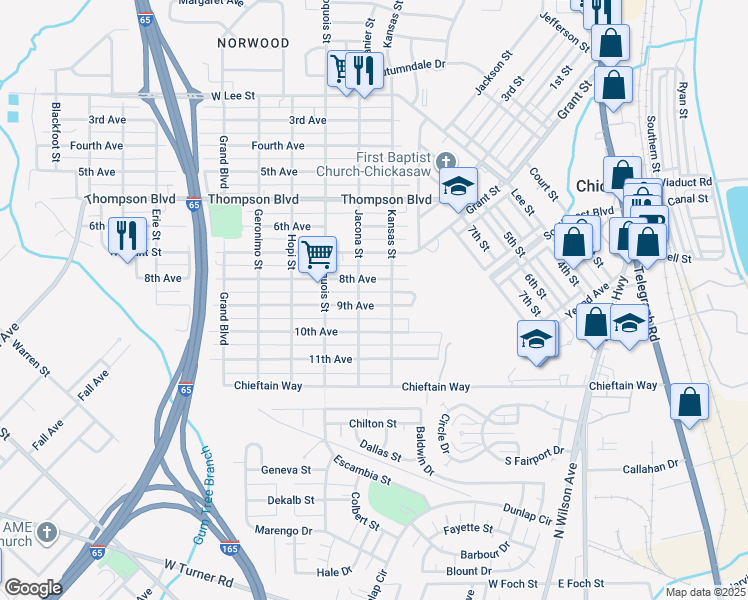 map of restaurants, bars, coffee shops, grocery stores, and more near 108 9th Avenue in Chickasaw