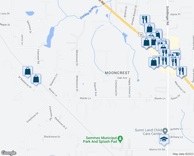 map of restaurants, bars, coffee shops, grocery stores, and more near 3255 Shenandoah Trail in Semmes