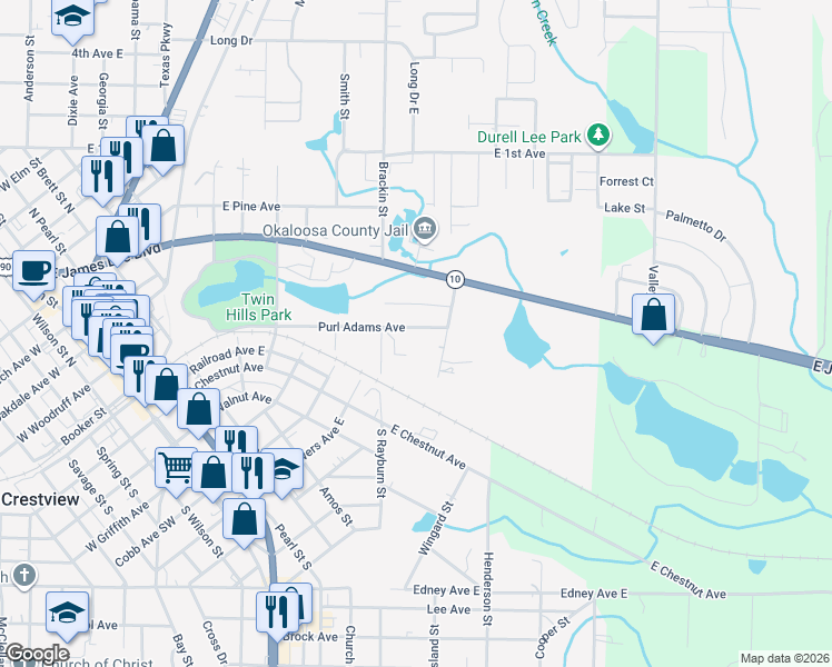 map of restaurants, bars, coffee shops, grocery stores, and more near 103 Fairoaks Drive in Crestview
