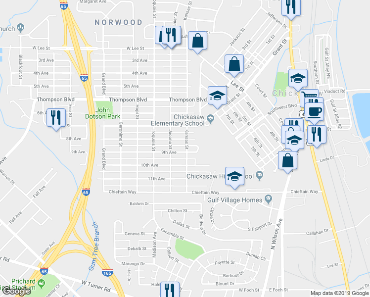 map of restaurants, bars, coffee shops, grocery stores, and more near 100 9th Avenue in Mobile