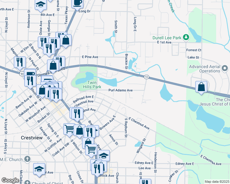map of restaurants, bars, coffee shops, grocery stores, and more near 301 Purl Adams Avenue in Crestview