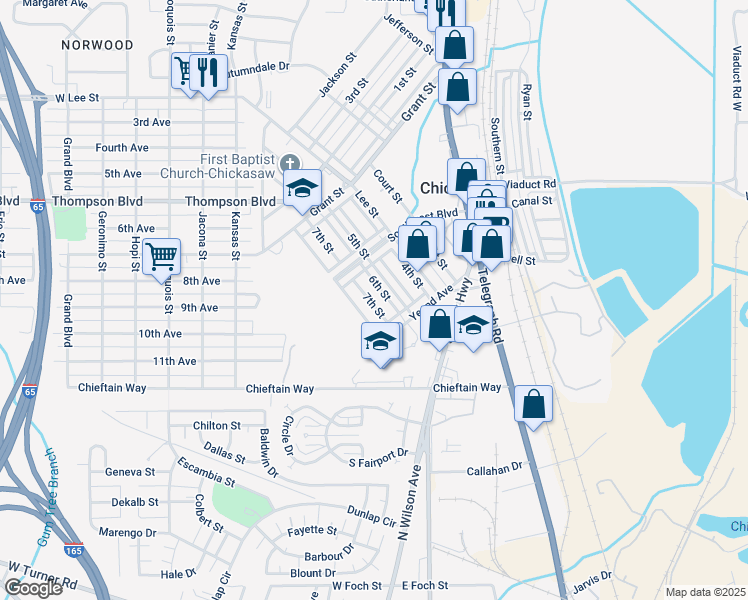 map of restaurants, bars, coffee shops, grocery stores, and more near 324 7th Street in Chickasaw