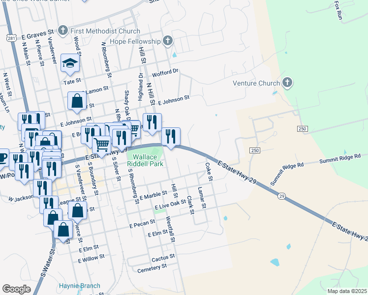 map of restaurants, bars, coffee shops, grocery stores, and more near Austin Road in Burnet