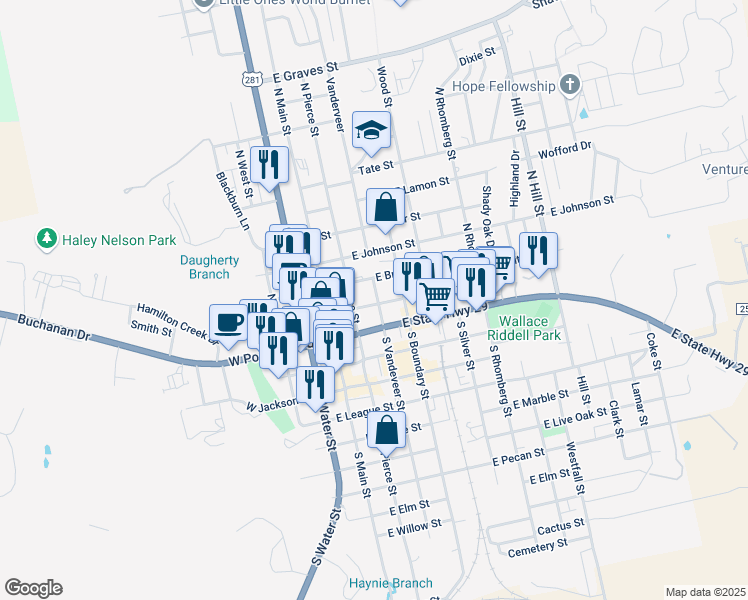 map of restaurants, bars, coffee shops, grocery stores, and more near 208 East Brier Street in Burnet