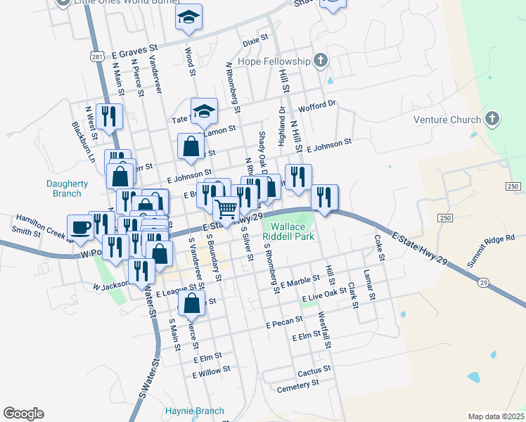 map of restaurants, bars, coffee shops, grocery stores, and more near 109 North Rhomberg Street in Burnet