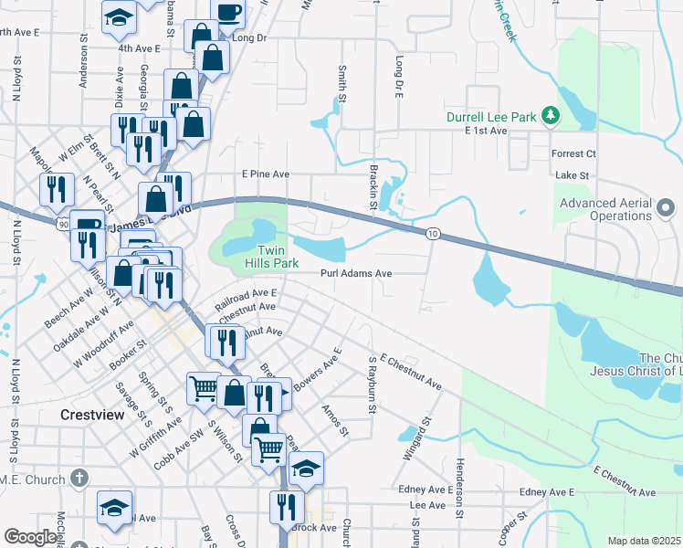 map of restaurants, bars, coffee shops, grocery stores, and more near 303 Purl Adams Avenue in Crestview
