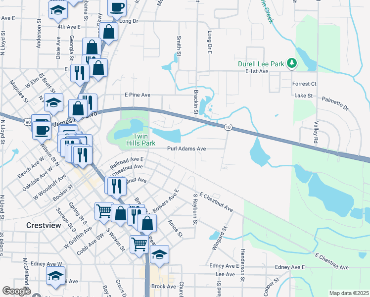 map of restaurants, bars, coffee shops, grocery stores, and more near 499 Purl Adams Avenue in Crestview
