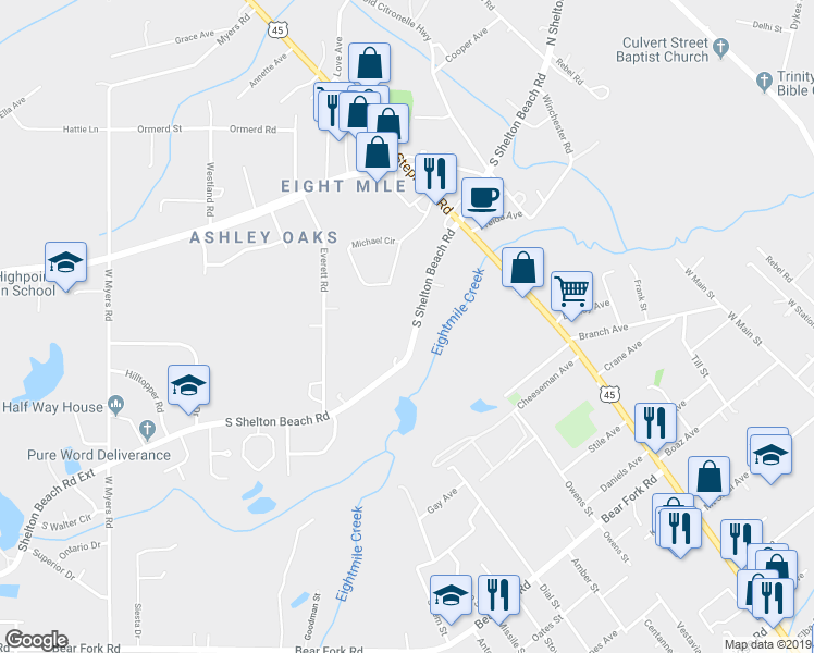 map of restaurants, bars, coffee shops, grocery stores, and more near 1828 South Shelton Beach Road in Prichard