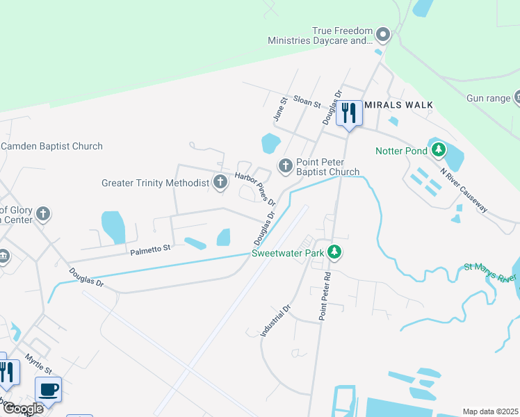 map of restaurants, bars, coffee shops, grocery stores, and more near 102 Inlet Reach Circle in St. Marys