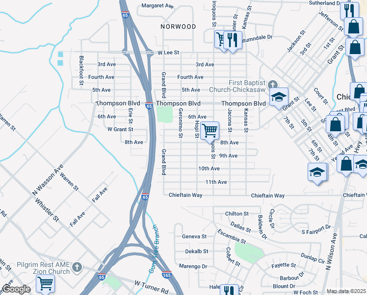 map of restaurants, bars, coffee shops, grocery stores, and more near 204 Geronimo Street in Chickasaw
