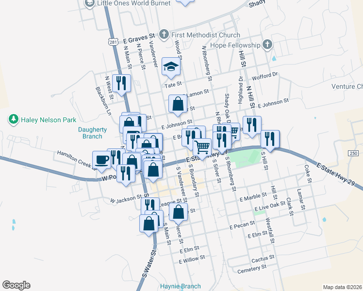 map of restaurants, bars, coffee shops, grocery stores, and more near 306 East Post Oak Street in Burnet