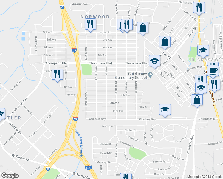 map of restaurants, bars, coffee shops, grocery stores, and more near 209 8th Avenue in Chickasaw