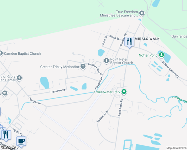 map of restaurants, bars, coffee shops, grocery stores, and more near 123 Inlet Reach Circle in St. Marys