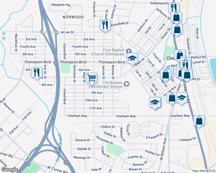 map of restaurants, bars, coffee shops, grocery stores, and more near 109 8th Avenue in Chickasaw