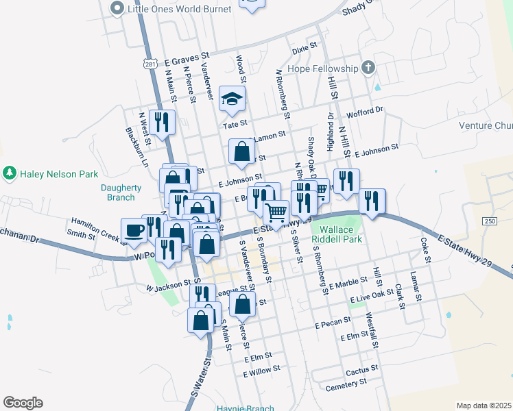 map of restaurants, bars, coffee shops, grocery stores, and more near 203 North Boundary Street in Burnet