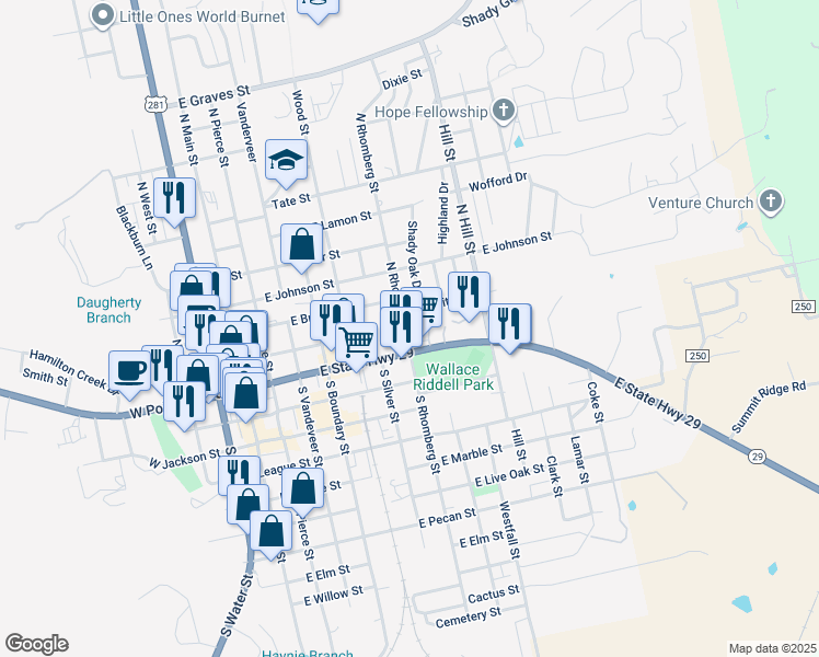 map of restaurants, bars, coffee shops, grocery stores, and more near 109 North Rhomberg Street in Burnet