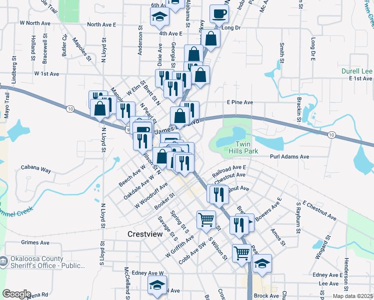 map of restaurants, bars, coffee shops, grocery stores, and more near 254 Oakdale Avenue East in Crestview