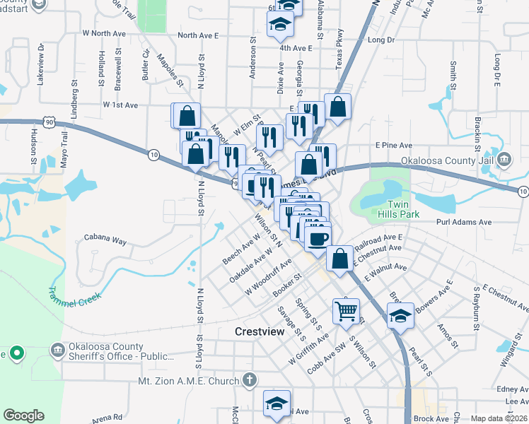 map of restaurants, bars, coffee shops, grocery stores, and more near 127 West Pine Avenue in Crestview