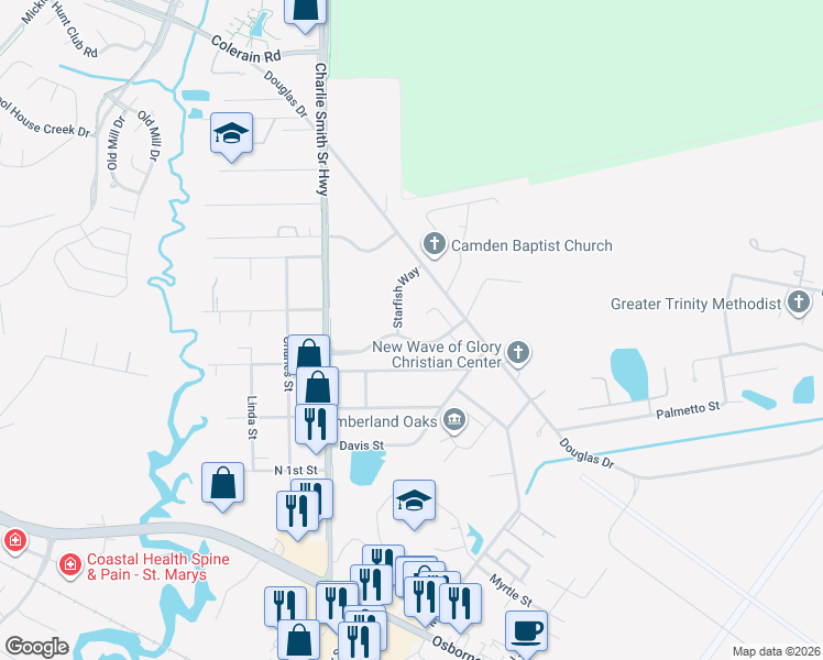 map of restaurants, bars, coffee shops, grocery stores, and more near 301 Watts Street in Saint Marys