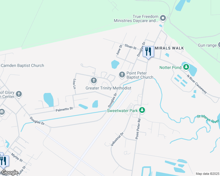map of restaurants, bars, coffee shops, grocery stores, and more near 102 Inlet Reach Circle in St. Marys