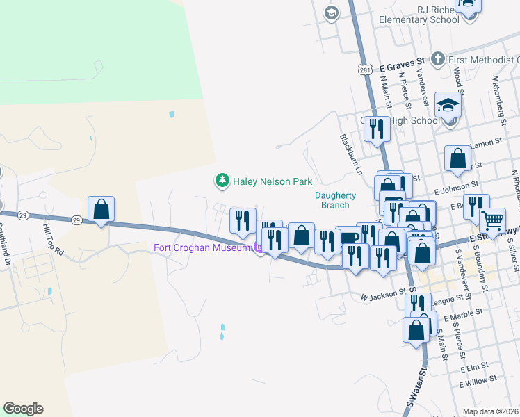 map of restaurants, bars, coffee shops, grocery stores, and more near 108 Hamilton Creek Drive in Burnet