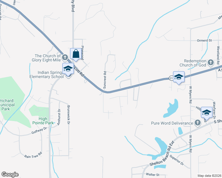 map of restaurants, bars, coffee shops, grocery stores, and more near 3202 Lott Road in Prichard