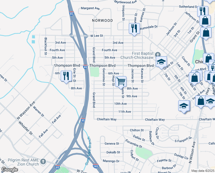 map of restaurants, bars, coffee shops, grocery stores, and more near 268 8th Avenue in Chickasaw