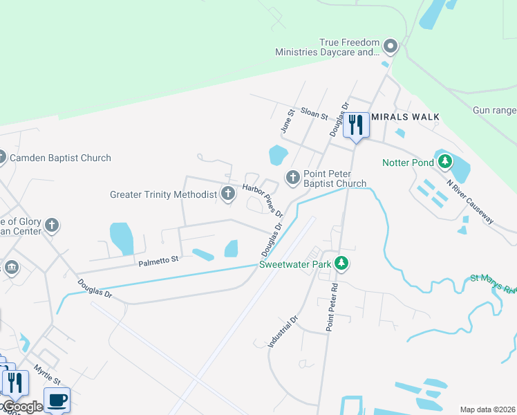 map of restaurants, bars, coffee shops, grocery stores, and more near 123 Inlet Reach Circle in St. Marys
