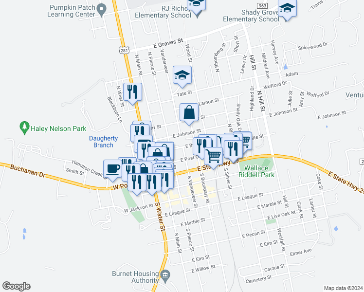 map of restaurants, bars, coffee shops, grocery stores, and more near 208 East Brier Street in Burnet