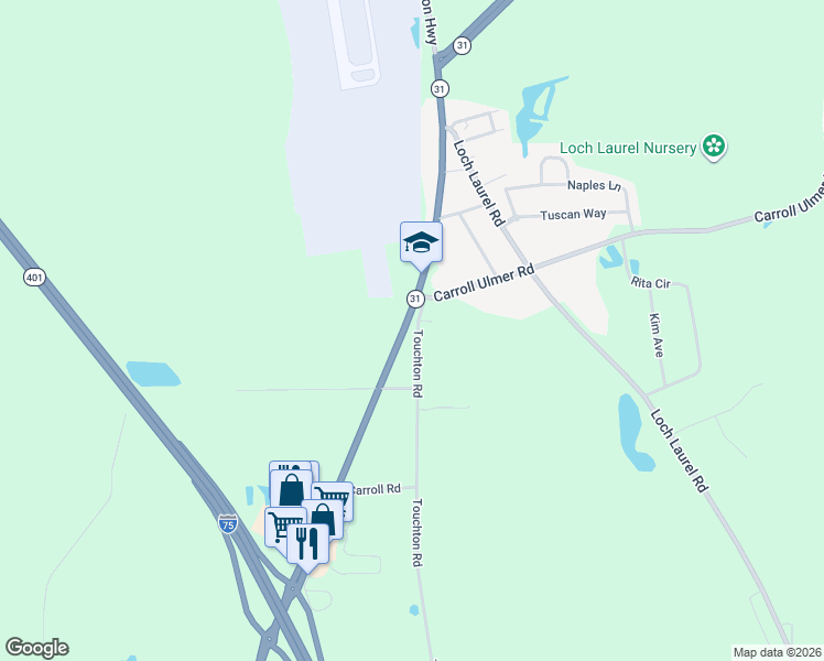 map of restaurants, bars, coffee shops, grocery stores, and more near 2542 Touchton Road in Valdosta