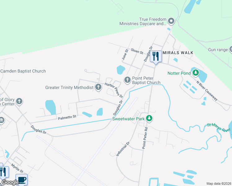 map of restaurants, bars, coffee shops, grocery stores, and more near 106 Inlet Reach Circle in Saint Marys
