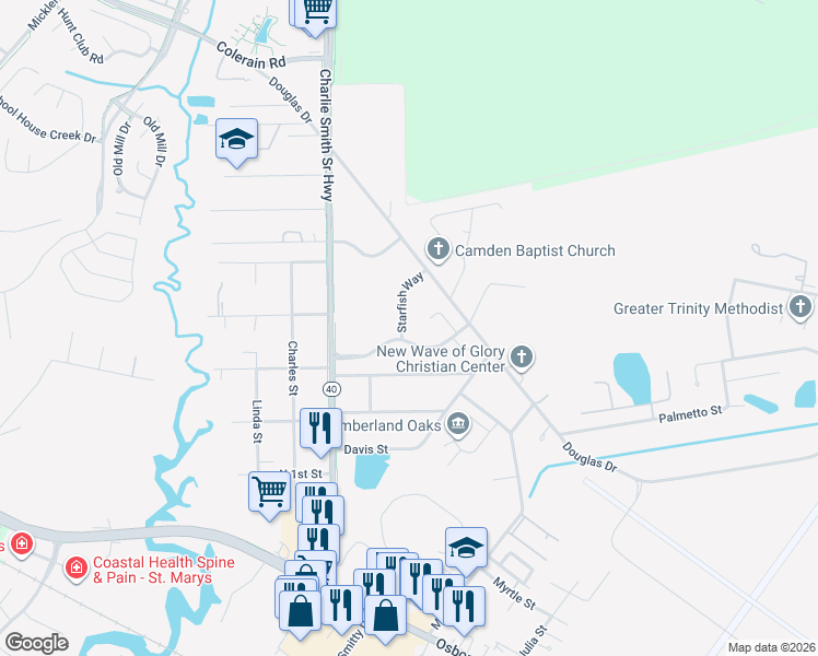 map of restaurants, bars, coffee shops, grocery stores, and more near 301 Watts Street in St. Marys