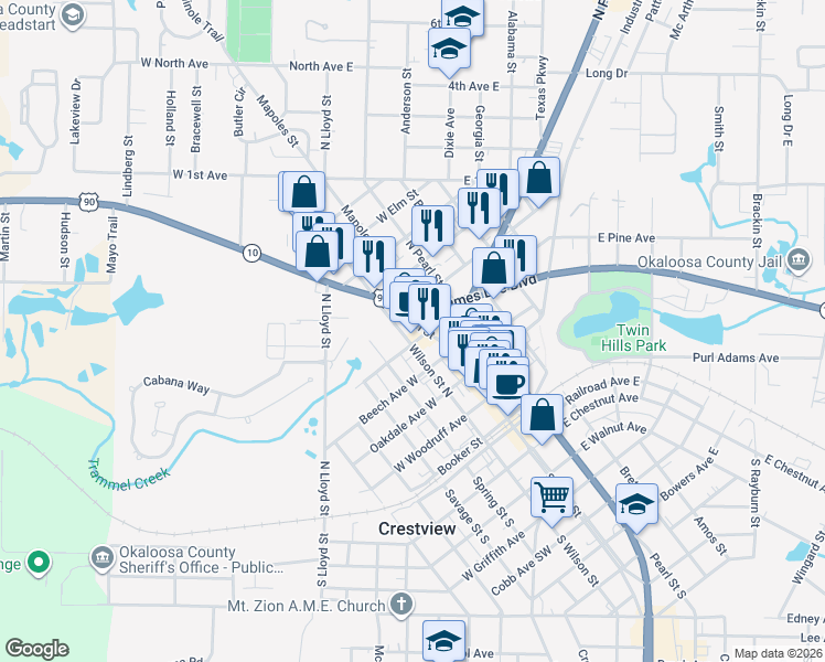 map of restaurants, bars, coffee shops, grocery stores, and more near 127 West Pine Avenue in Crestview